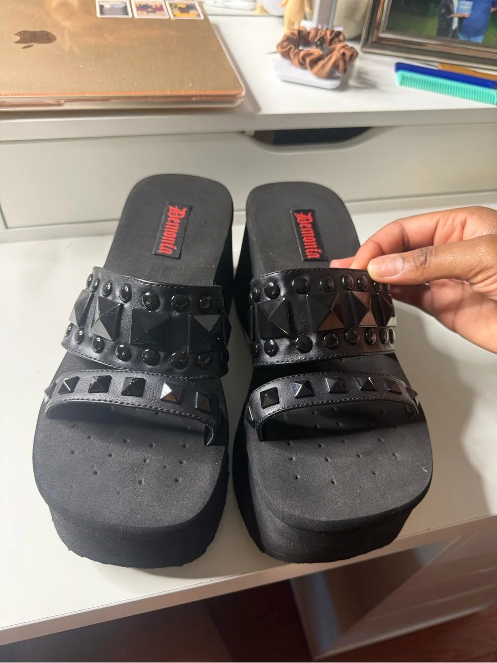 Demonia Black Studded Platform Slide Sandals